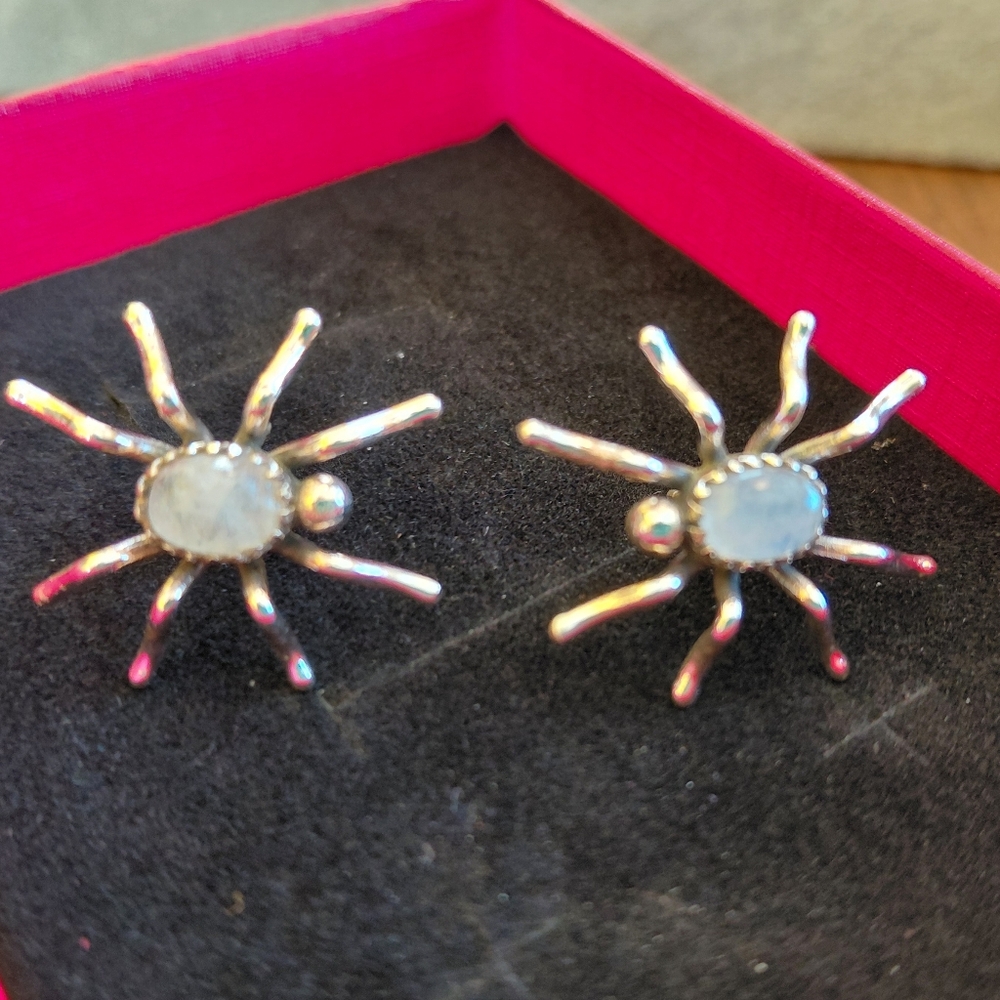 Spider Shaped Moonstone Silver Stud Statement Earrings - Picture 7 of 11
